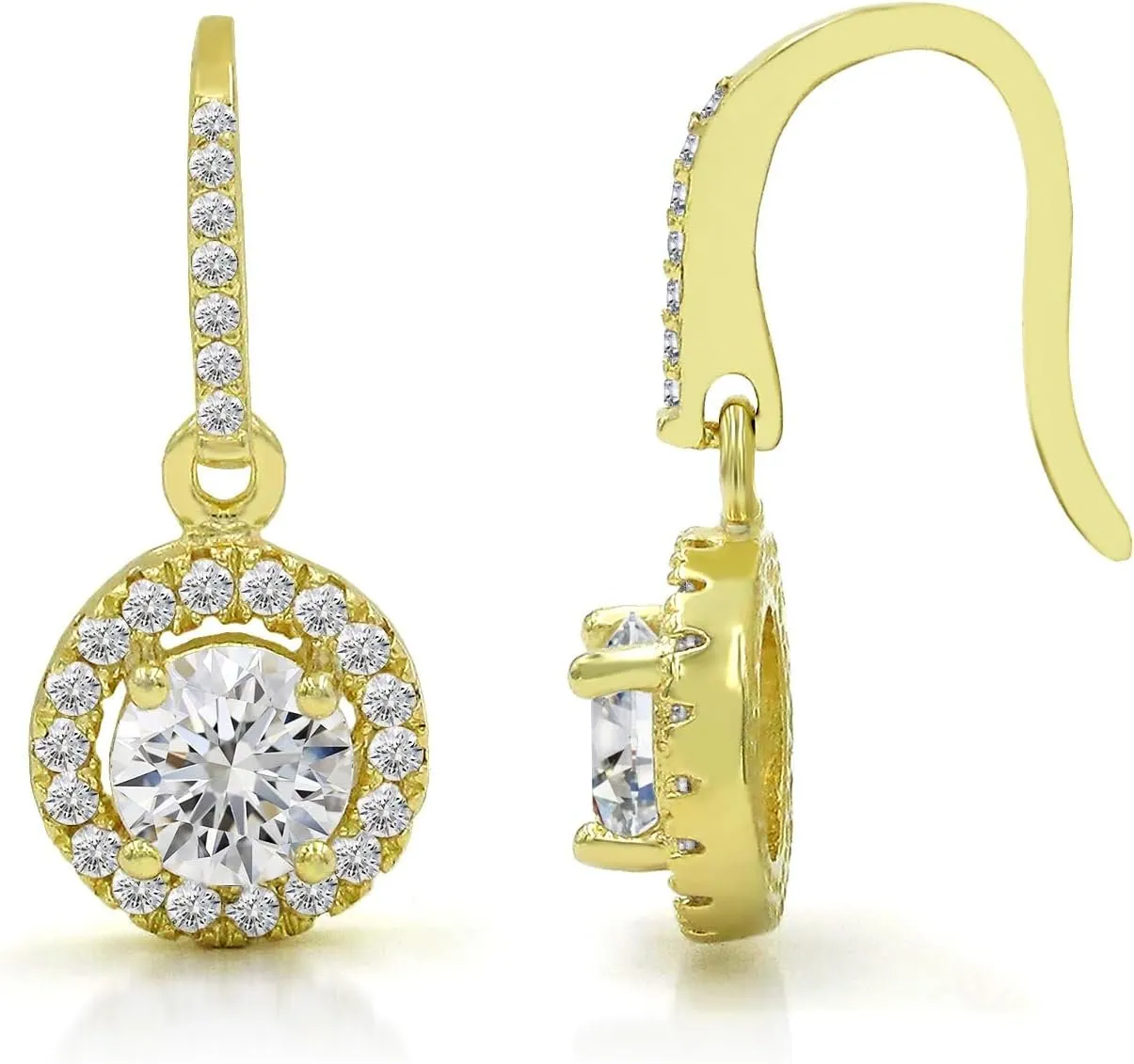 925 Sterling Silver Gold Plated Round Halo Dangle Drop Earring