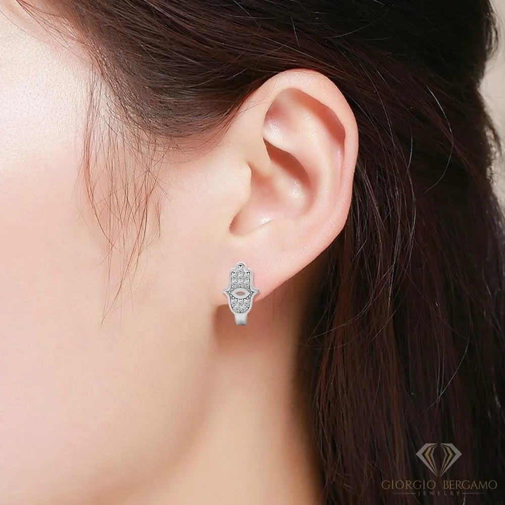 925 Sterling Silver Hamsa, Hand of God Micro Pave LeverBack Earrings