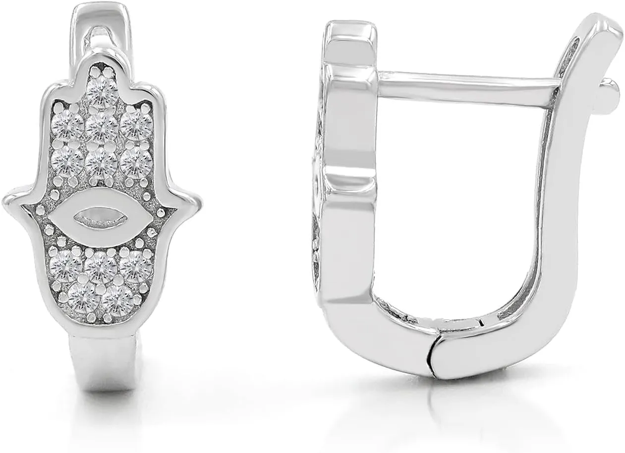 925 Sterling Silver Hamsa, Hand of God Micro Pave LeverBack Earrings