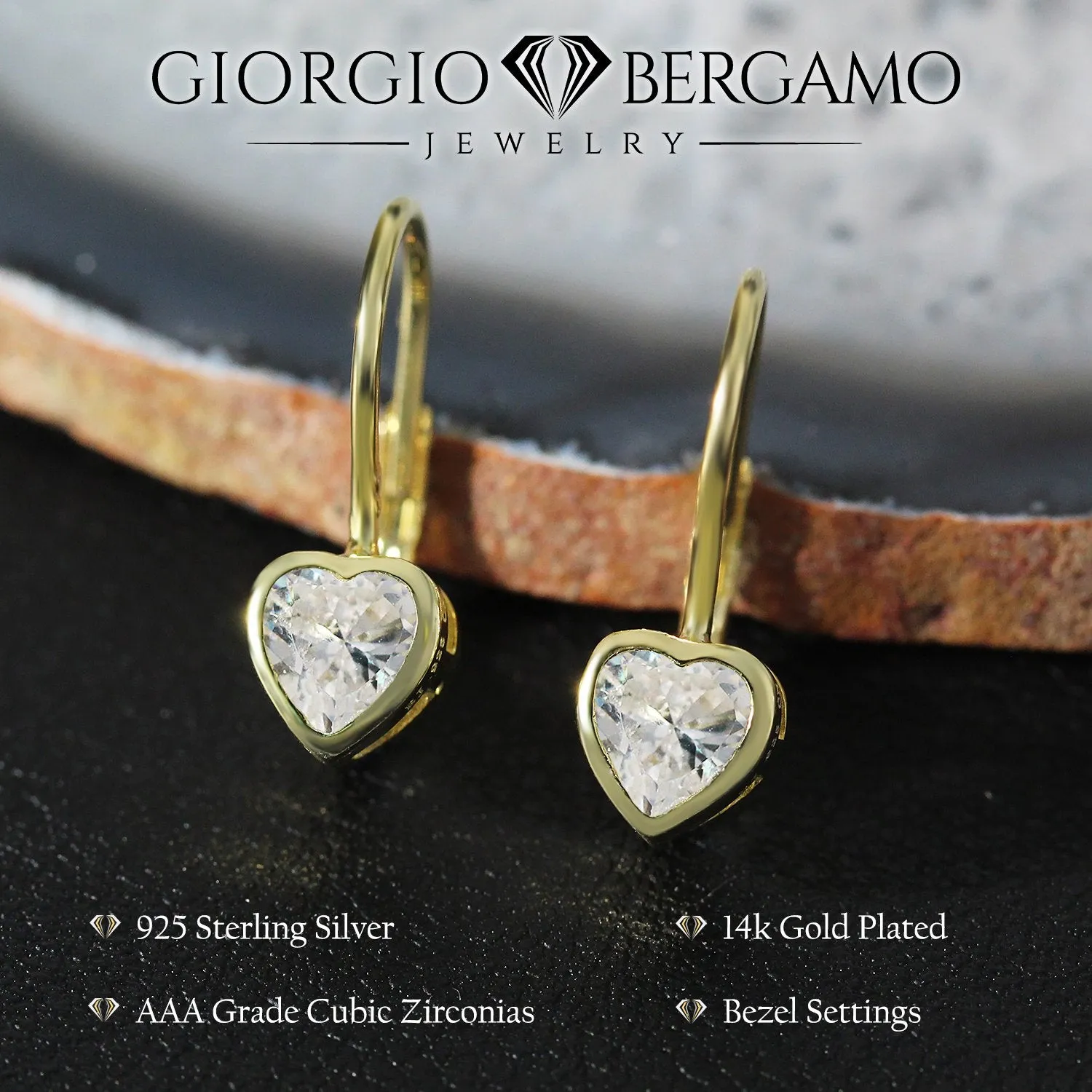925 Sterling Silver Heart Leverback Earring, Bezel Set, Cubic Zirconia, Giorgio Bergamo