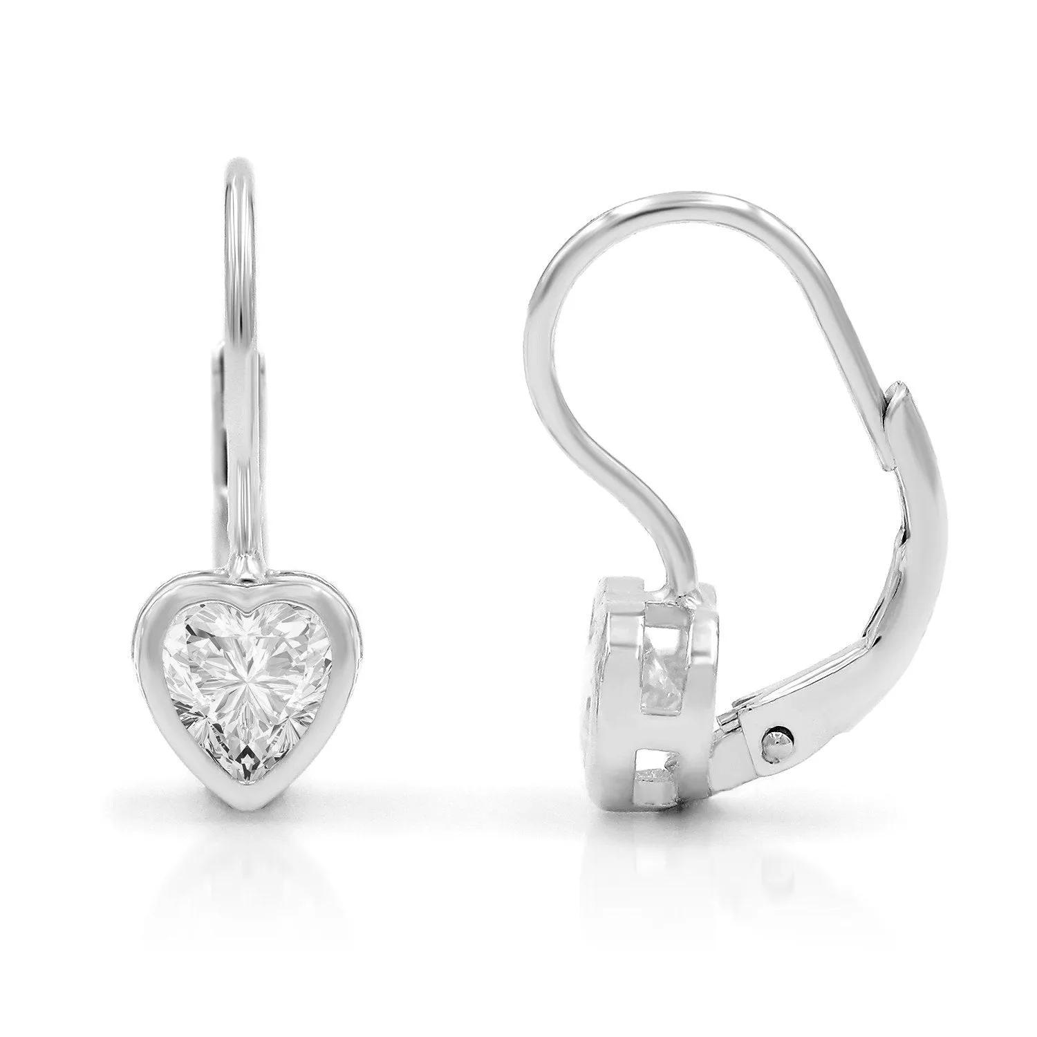 925 Sterling Silver Heart Leverback Earring, Bezel Set, Cubic Zirconia, Giorgio Bergamo