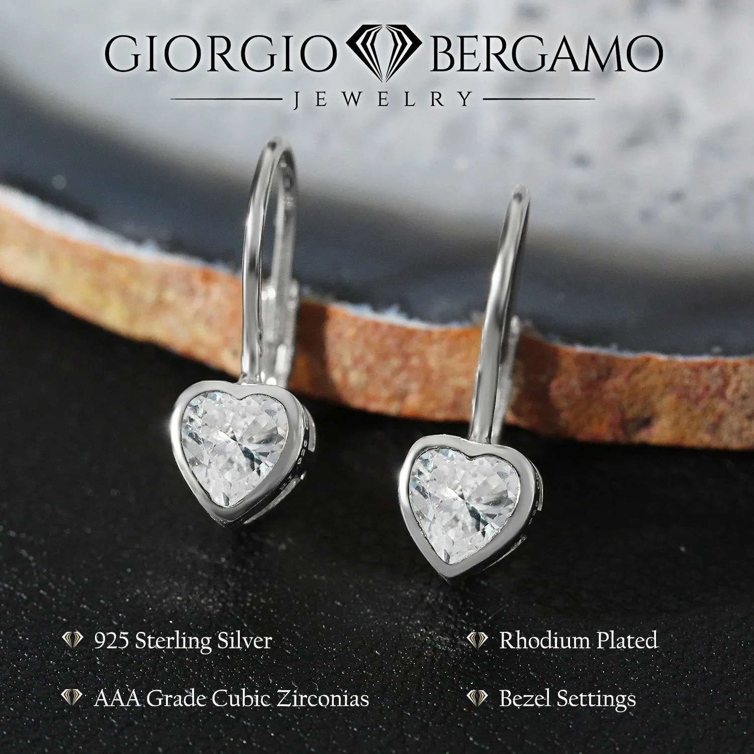 925 Sterling Silver Heart Leverback Earring, Bezel Set, Cubic Zirconia, Giorgio Bergamo