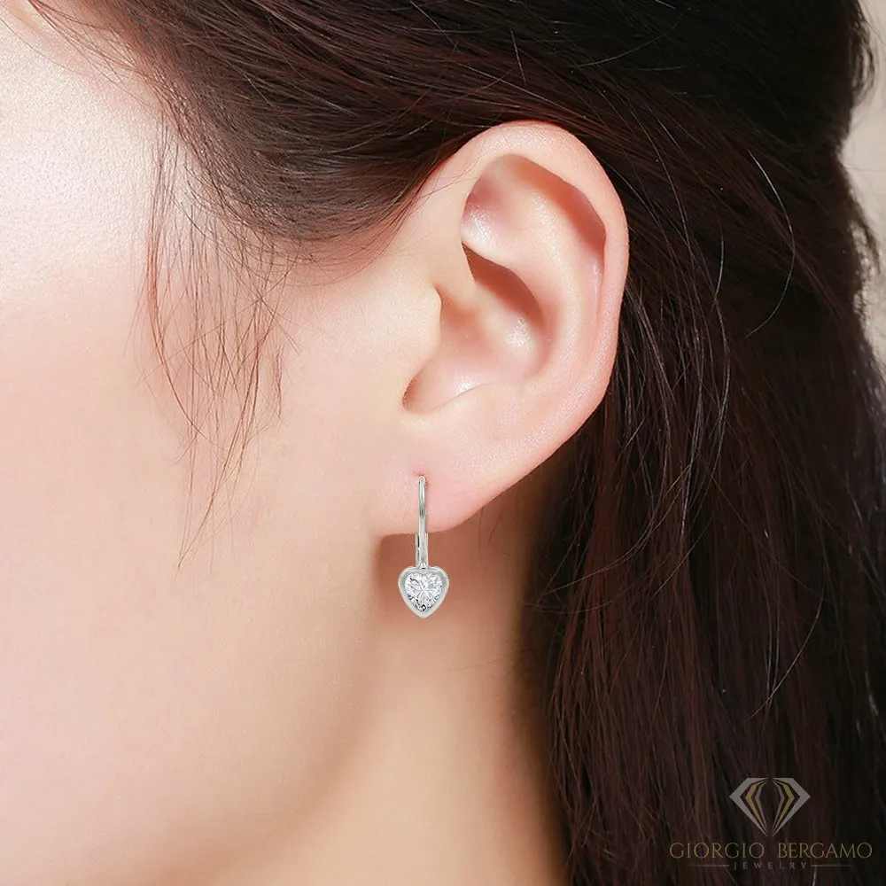 925 Sterling Silver Heart Leverback Earring, Bezel Set, Cubic Zirconia, Giorgio Bergamo