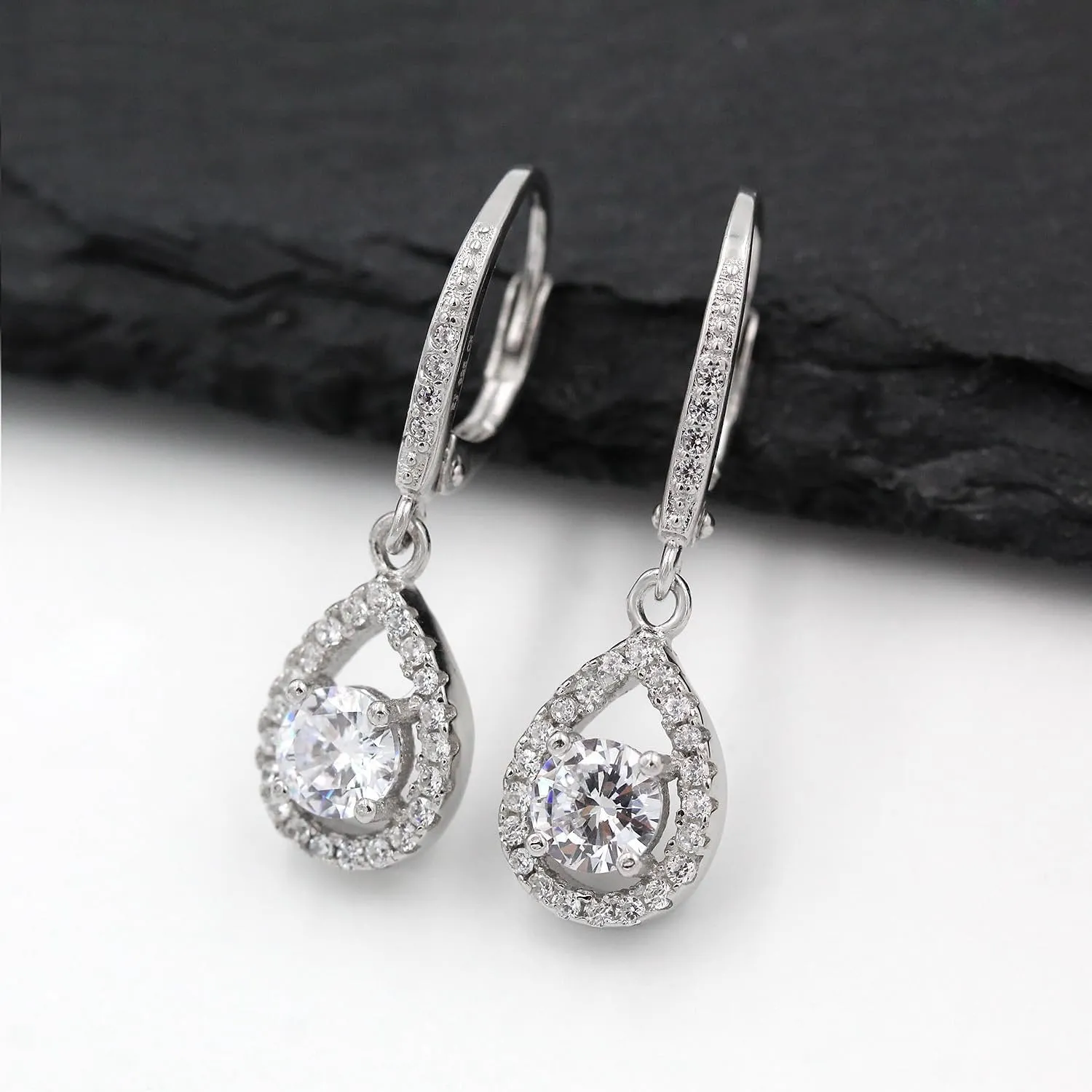 925 Sterling Silver Micro Pave Tear Drop LeverBack Earring