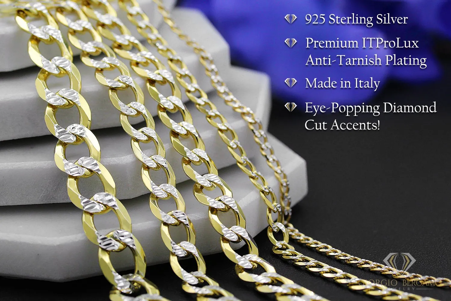 925 Sterling Silver Solid Cuban 2.5mm Diamond Cut Pave Gold Plated Curb Link Bracelet