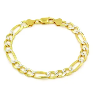 925 Sterling Silver Solid Figaro 7.5mm Diamond Cut Two Tone Pave Bracelet