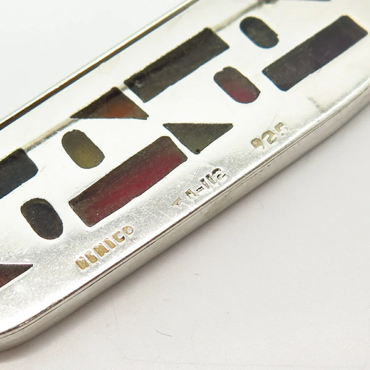 925 Sterling Silver Vintage Mexico Enamel Geometric Shapes Design Pin Brooch