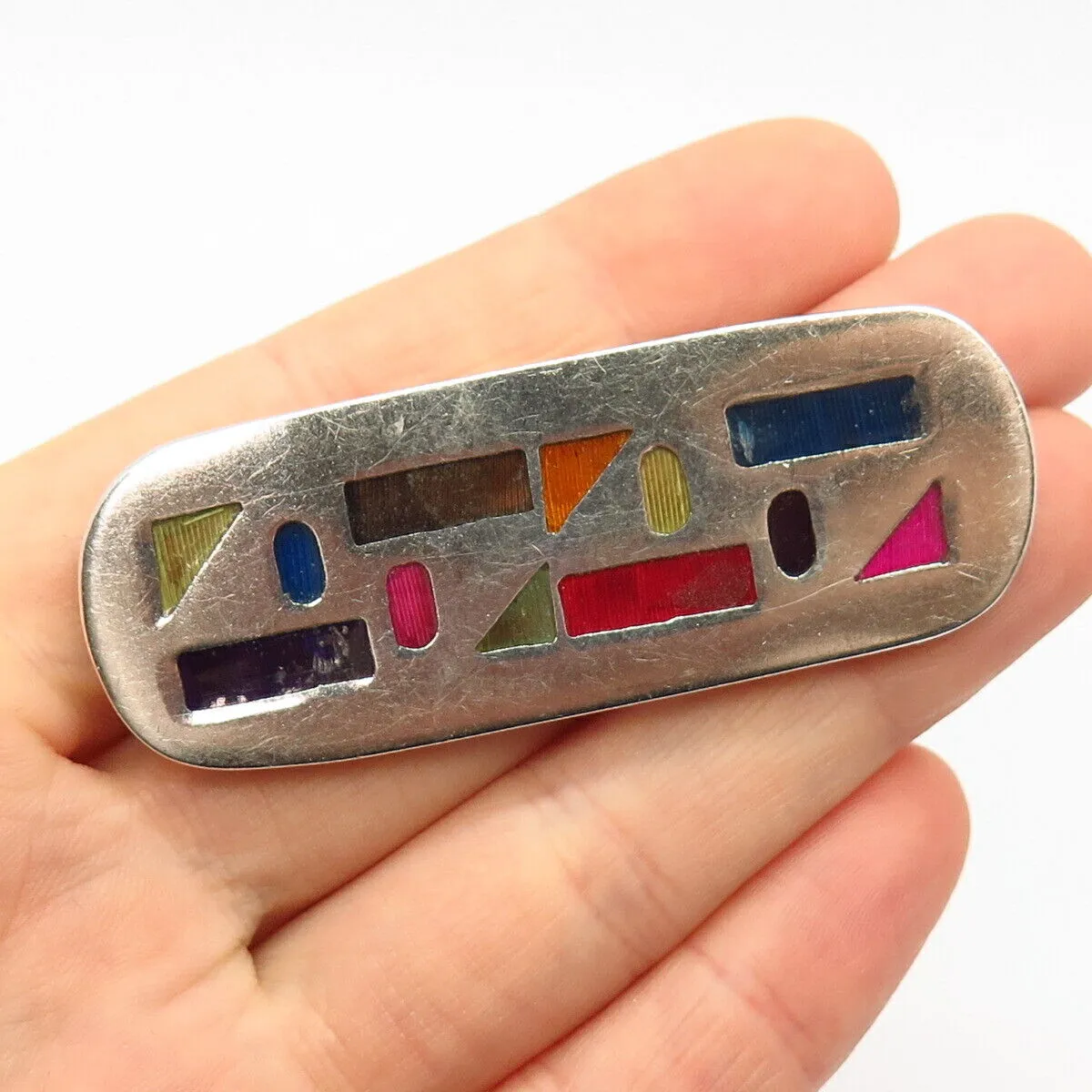 925 Sterling Silver Vintage Mexico Enamel Geometric Shapes Design Pin Brooch