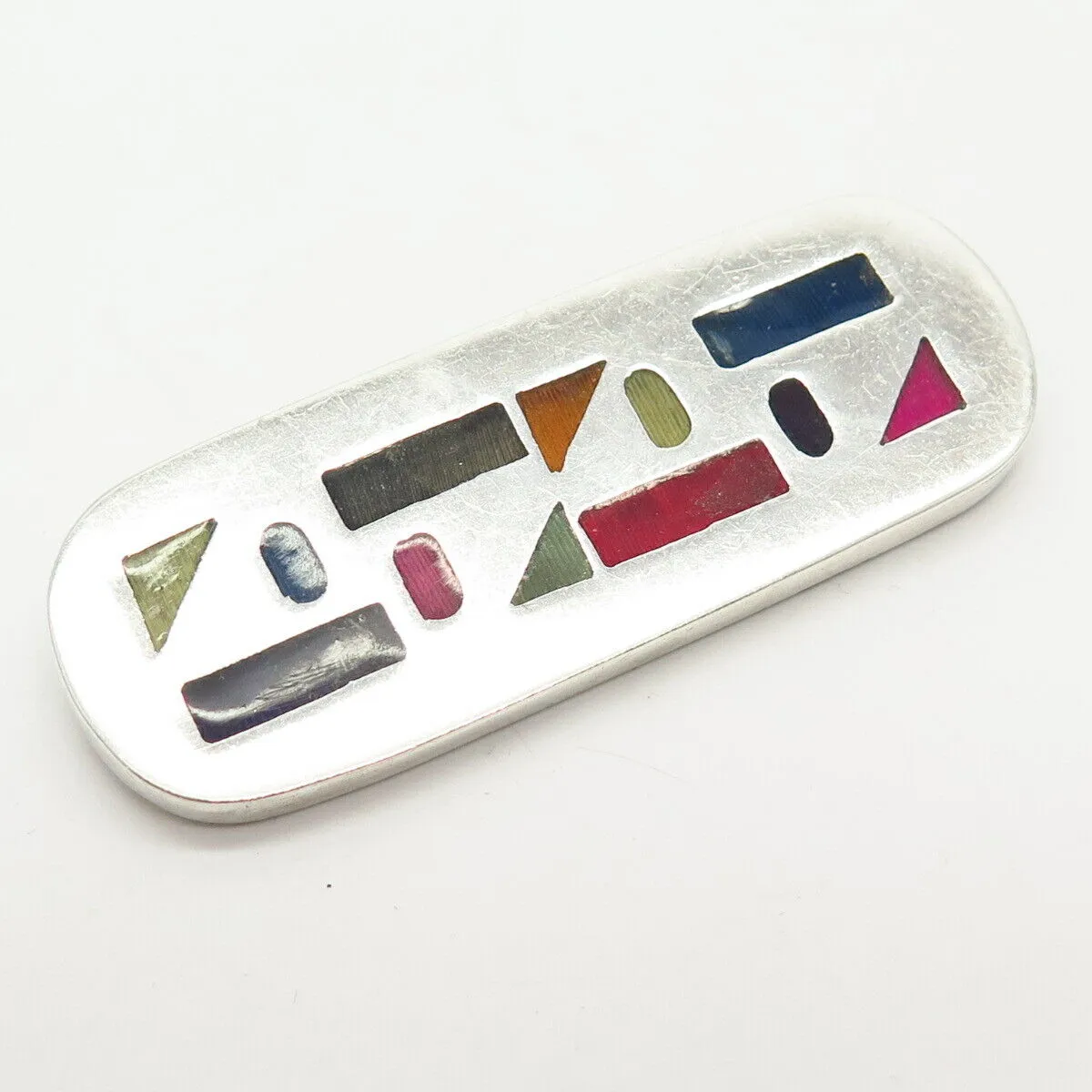 925 Sterling Silver Vintage Mexico Enamel Geometric Shapes Design Pin Brooch