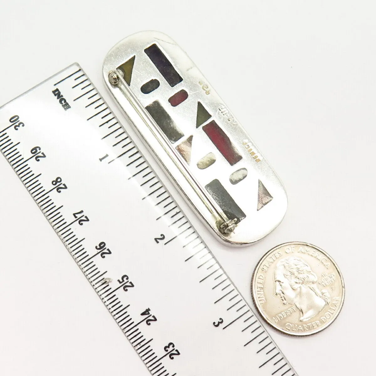 925 Sterling Silver Vintage Mexico Enamel Geometric Shapes Design Pin Brooch