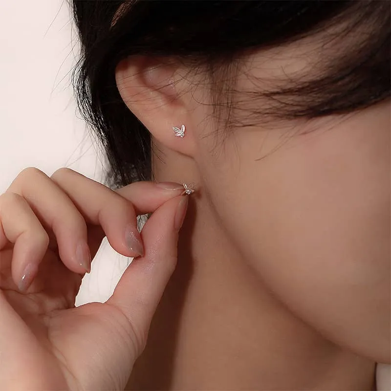 999 Silver Very Tiny Leaf with Sparkly CZ Crystal Stud Earrings