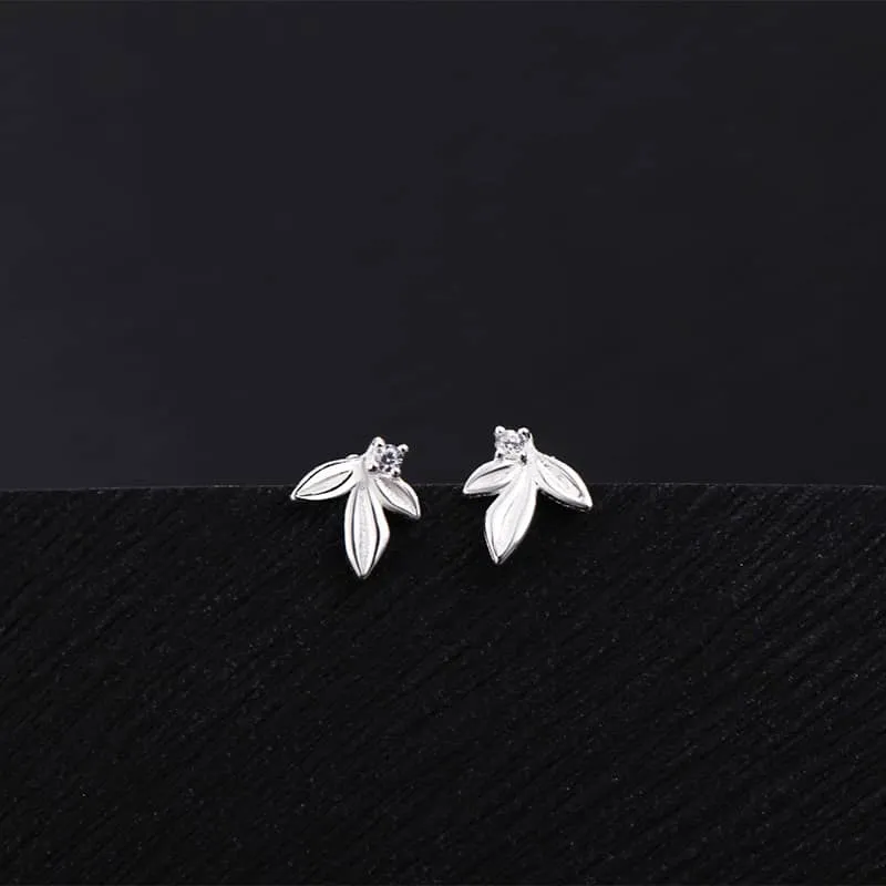 999 Silver Very Tiny Leaf with Sparkly CZ Crystal Stud Earrings