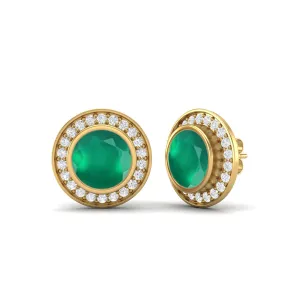 9k Yellow Gold Round Bezel Set Green Onyx Minimalist Stud Women Earrings