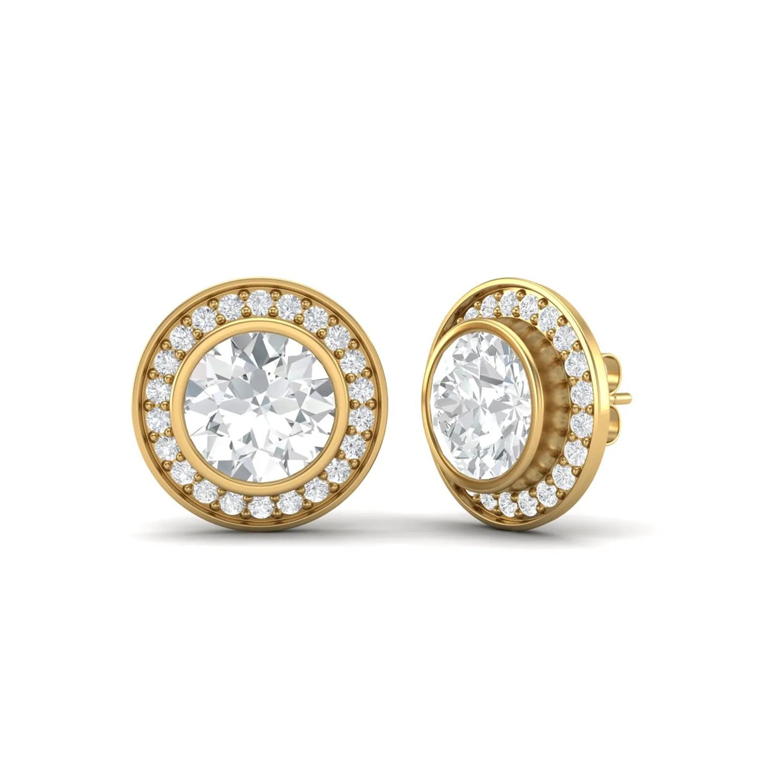 9k Yellow Gold Round Bezel Set Moissanite Minimalist Stud Women Earrings