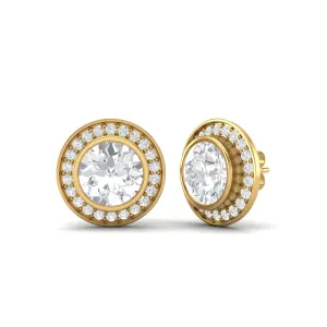9k Yellow Gold Round Bezel Set Moissanite Minimalist Stud Women Earrings