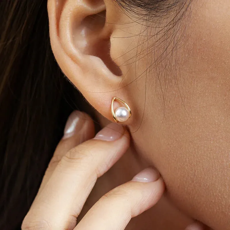 Akoya Pearl 18K Gold Minimalist Triangle Earrings