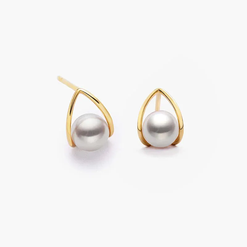 Akoya Pearl 18K Gold Minimalist Triangle Earrings