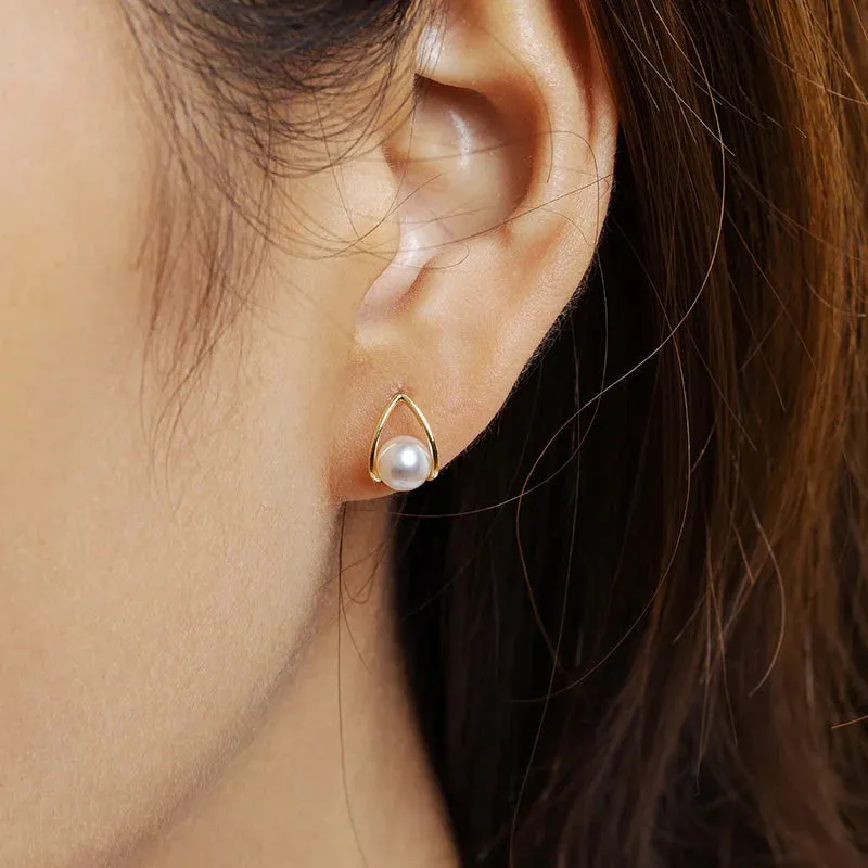 Akoya Pearl 18K Gold Minimalist Triangle Earrings