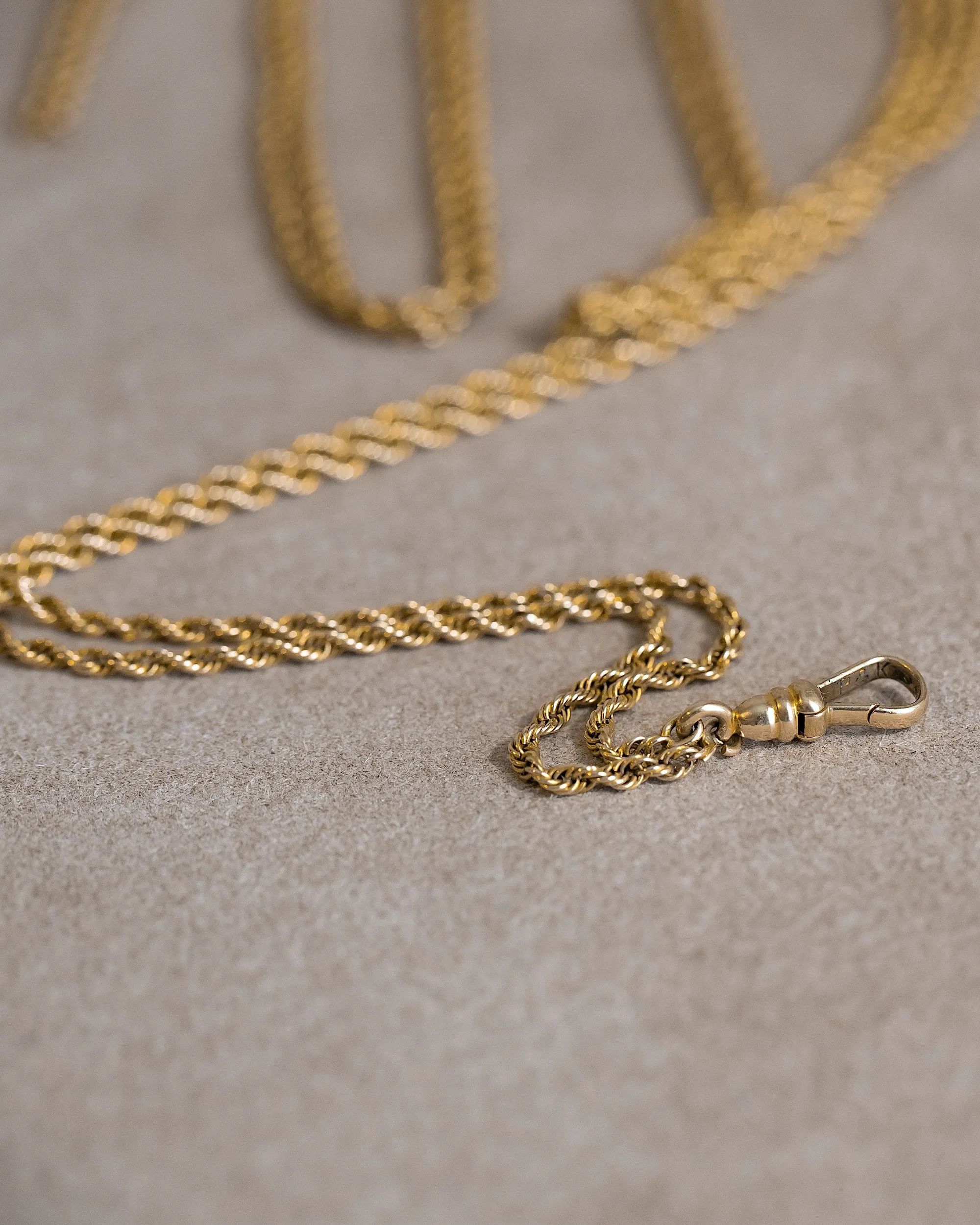 Antique 1900s 10k-14k 50.5" Long Guard Rope Chain Necklace with Slide and Dog Clip