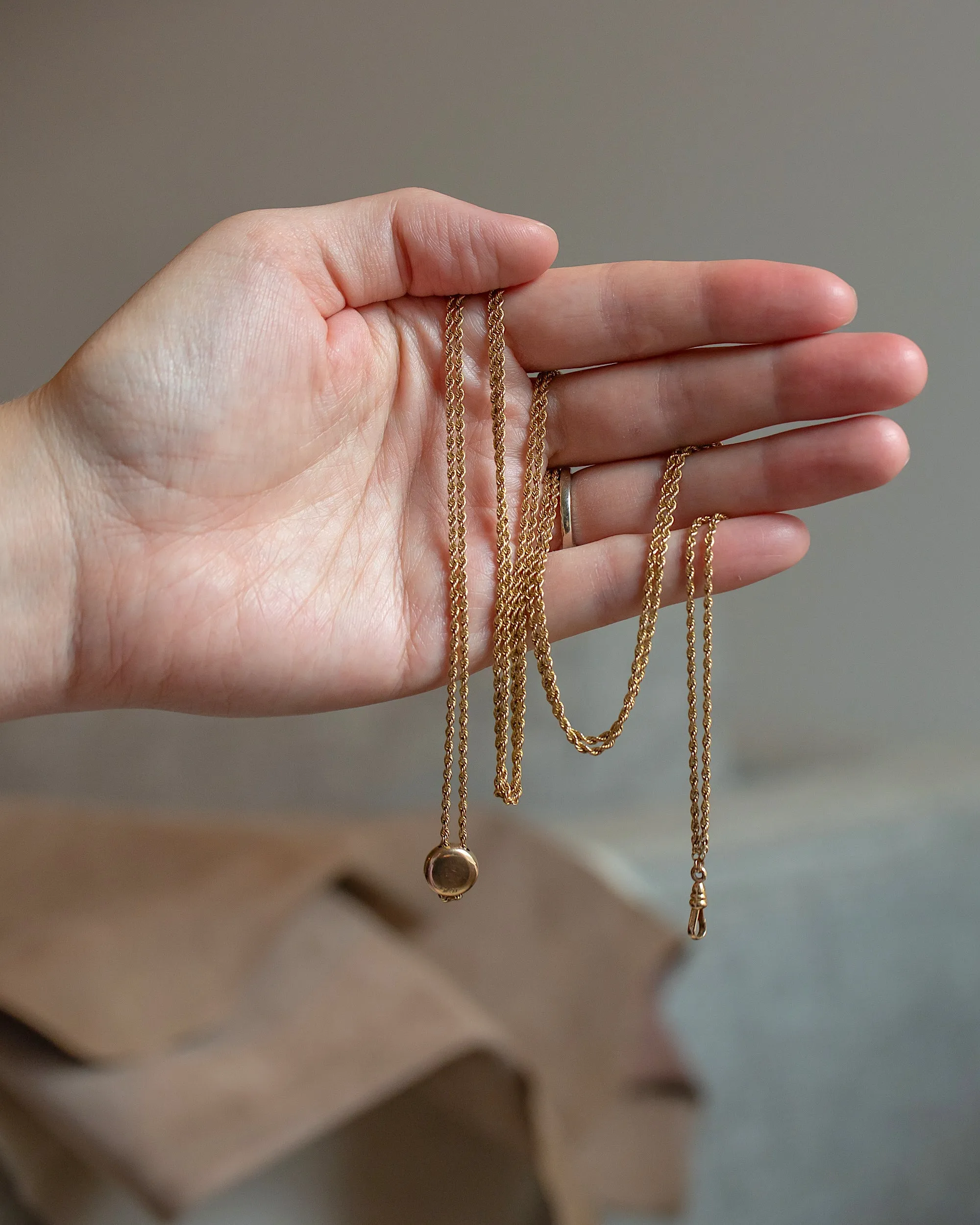 Antique 1900s 10k-14k 50.5" Long Guard Rope Chain Necklace with Slide and Dog Clip