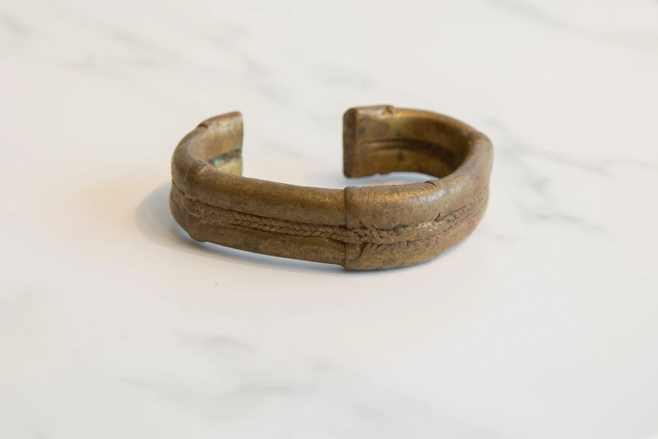 Antique African Thin Bronze Cuff Bracelet with Gold Patina