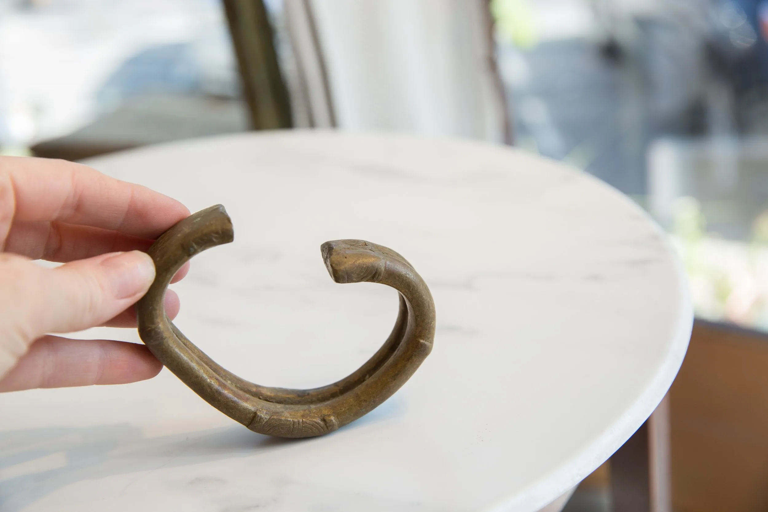 Antique African Thin Bronze Cuff Bracelet with Gold Patina