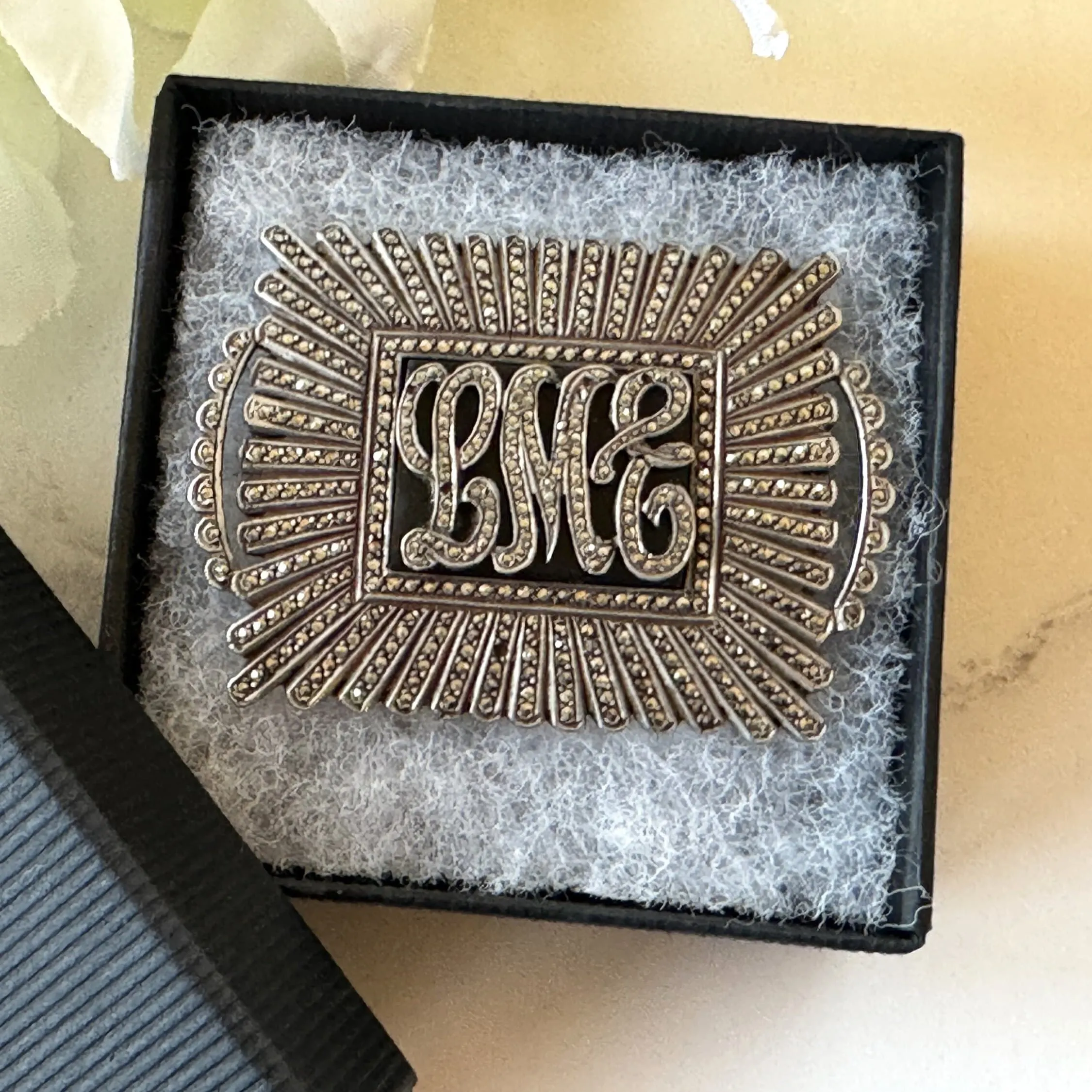 Antique Art Deco Sterling Silver Marcasite & Onyx Monogram Brooch