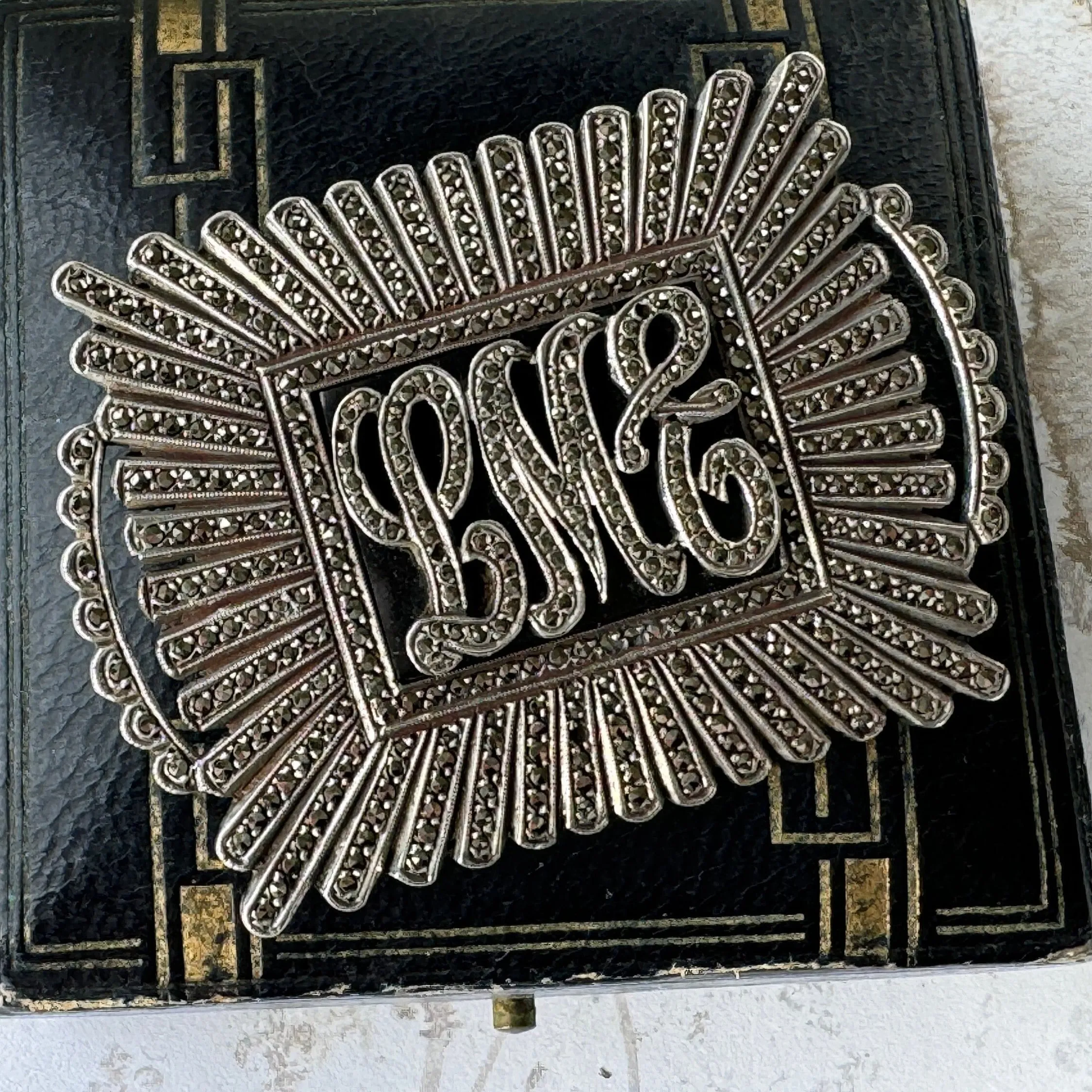 Antique Art Deco Sterling Silver Marcasite & Onyx Monogram Brooch