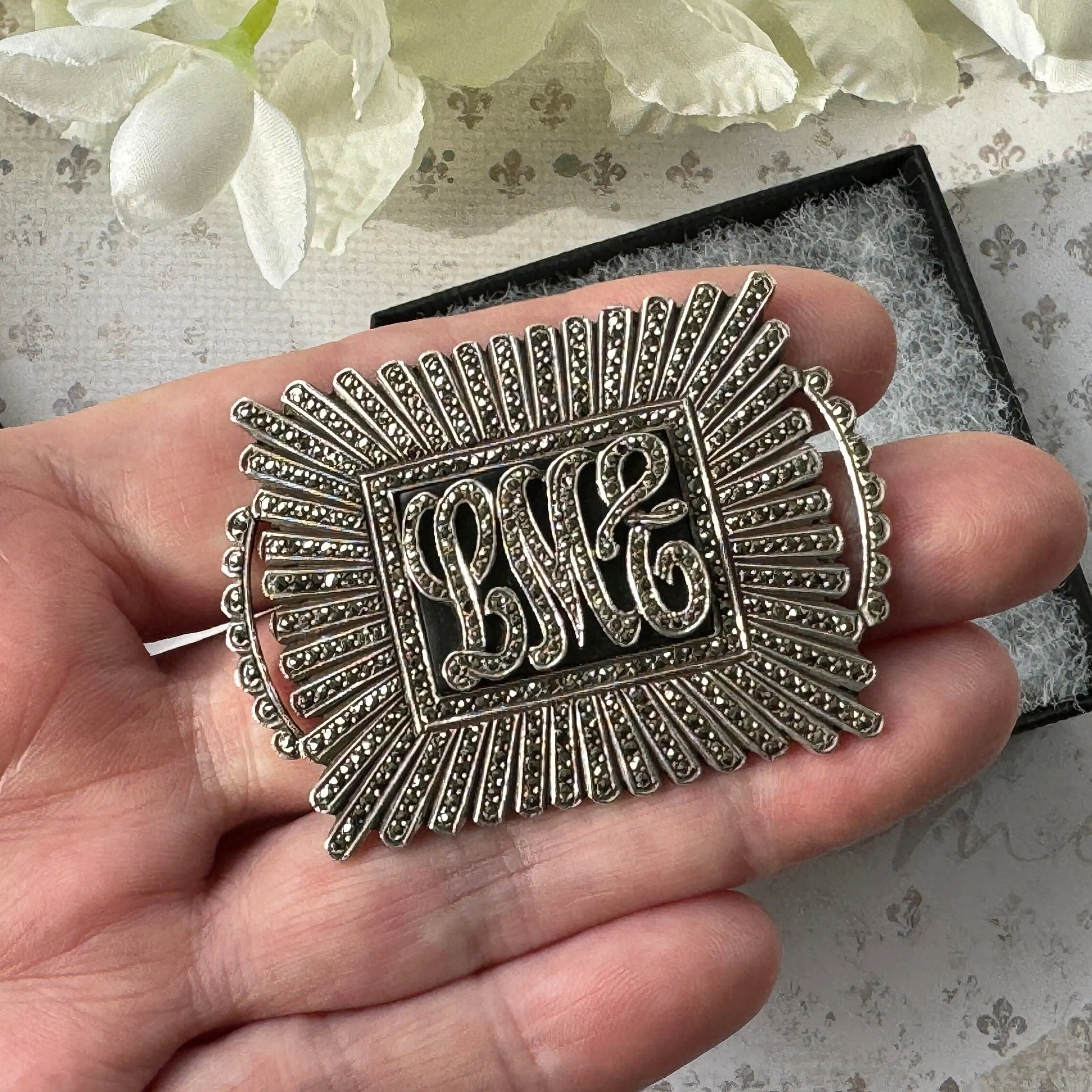 Antique Art Deco Sterling Silver Marcasite & Onyx Monogram Brooch