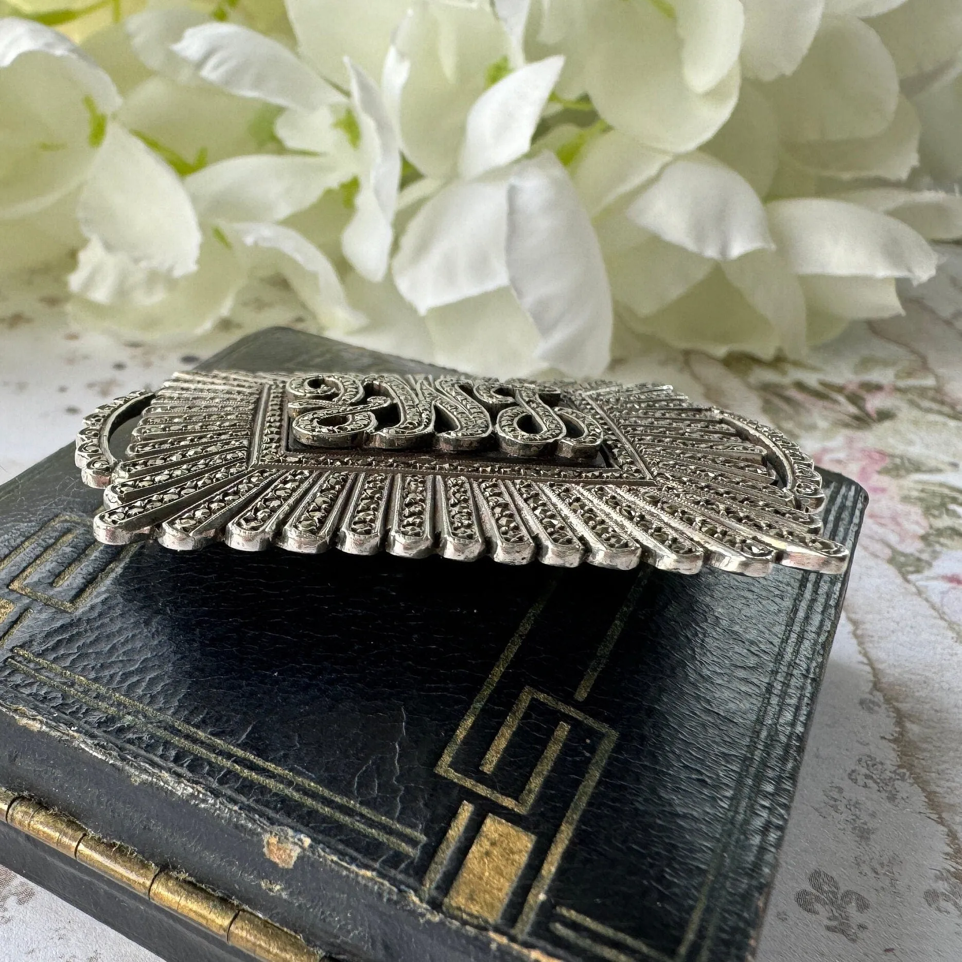 Antique Art Deco Sterling Silver Marcasite & Onyx Monogram Brooch