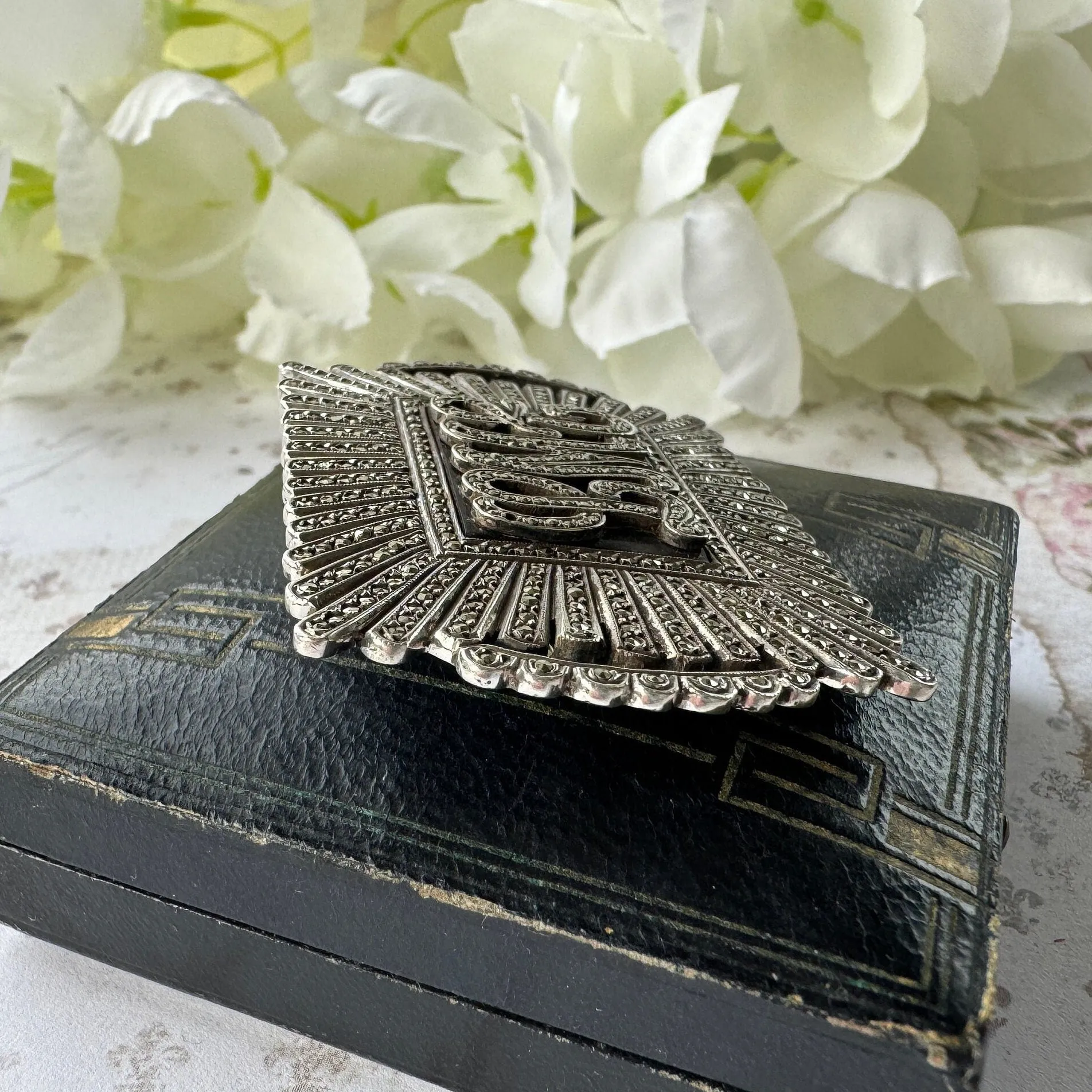 Antique Art Deco Sterling Silver Marcasite & Onyx Monogram Brooch