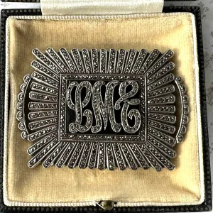 Antique Art Deco Sterling Silver Marcasite & Onyx Monogram Brooch