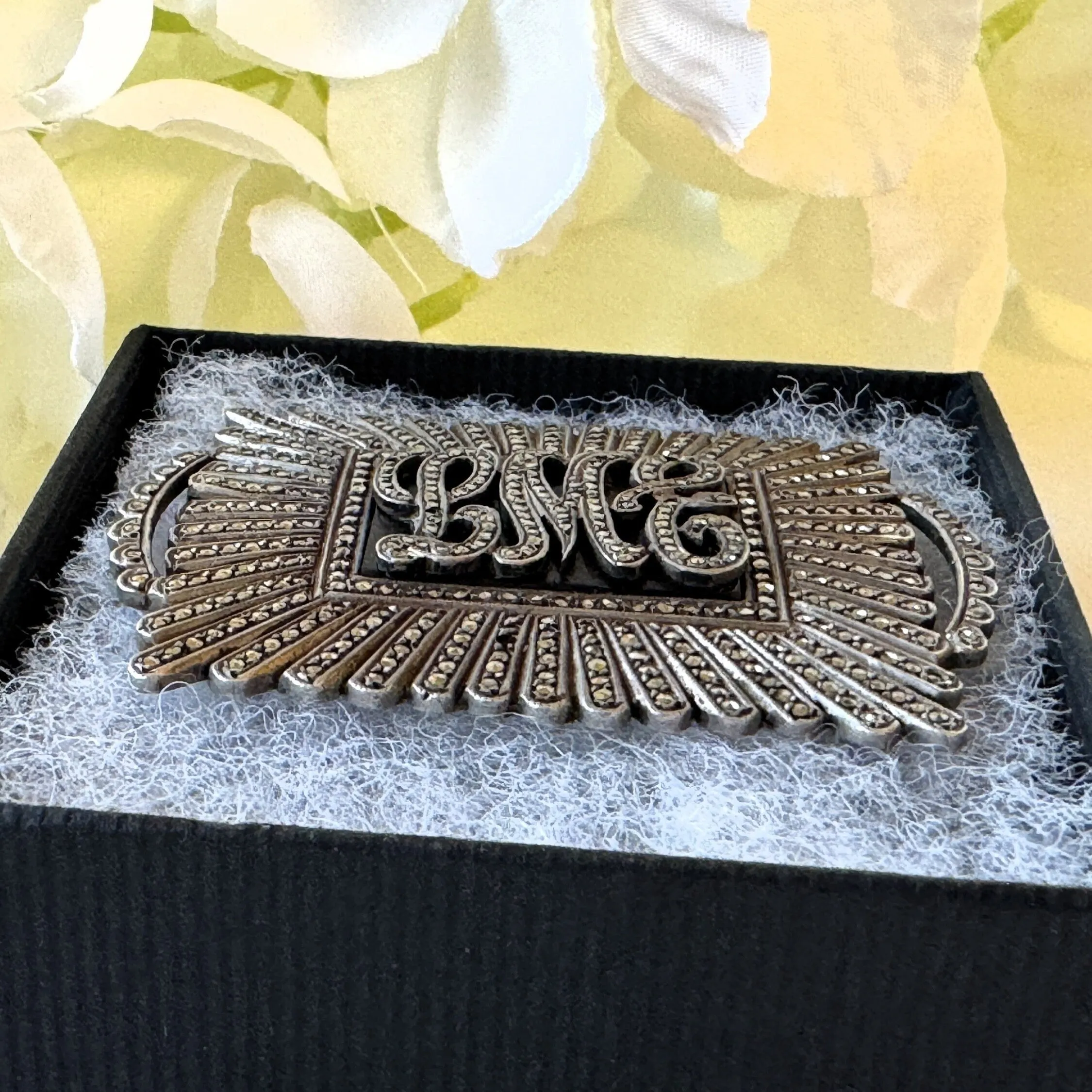 Antique Art Deco Sterling Silver Marcasite & Onyx Monogram Brooch