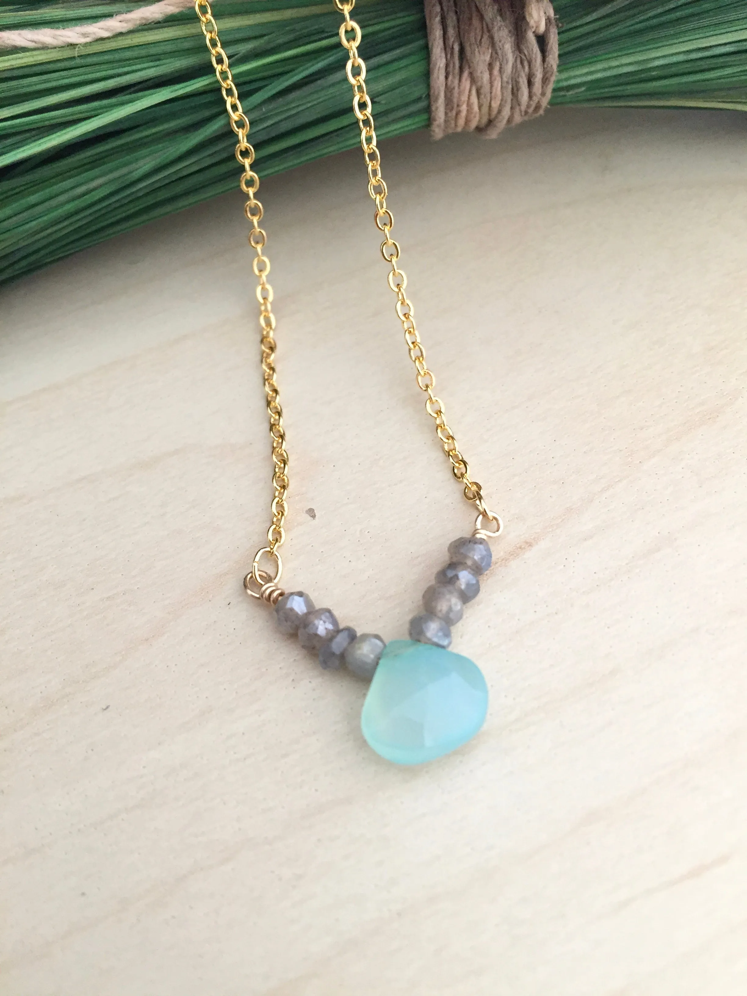 Aqua Chalcedony and Labradorite Gemstone V Necklace - Gold finish