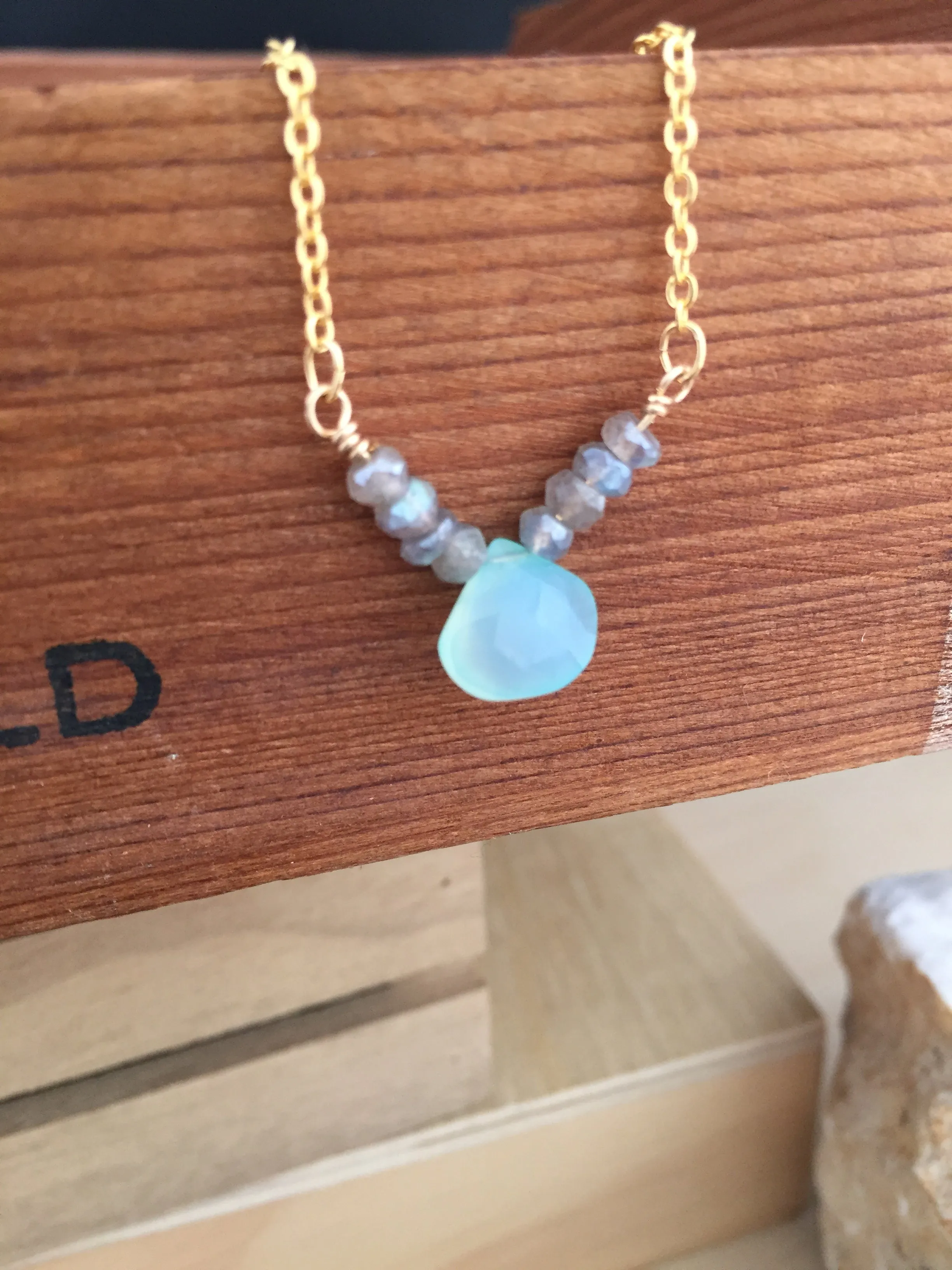 Aqua Chalcedony and Labradorite Gemstone V Necklace - Gold finish