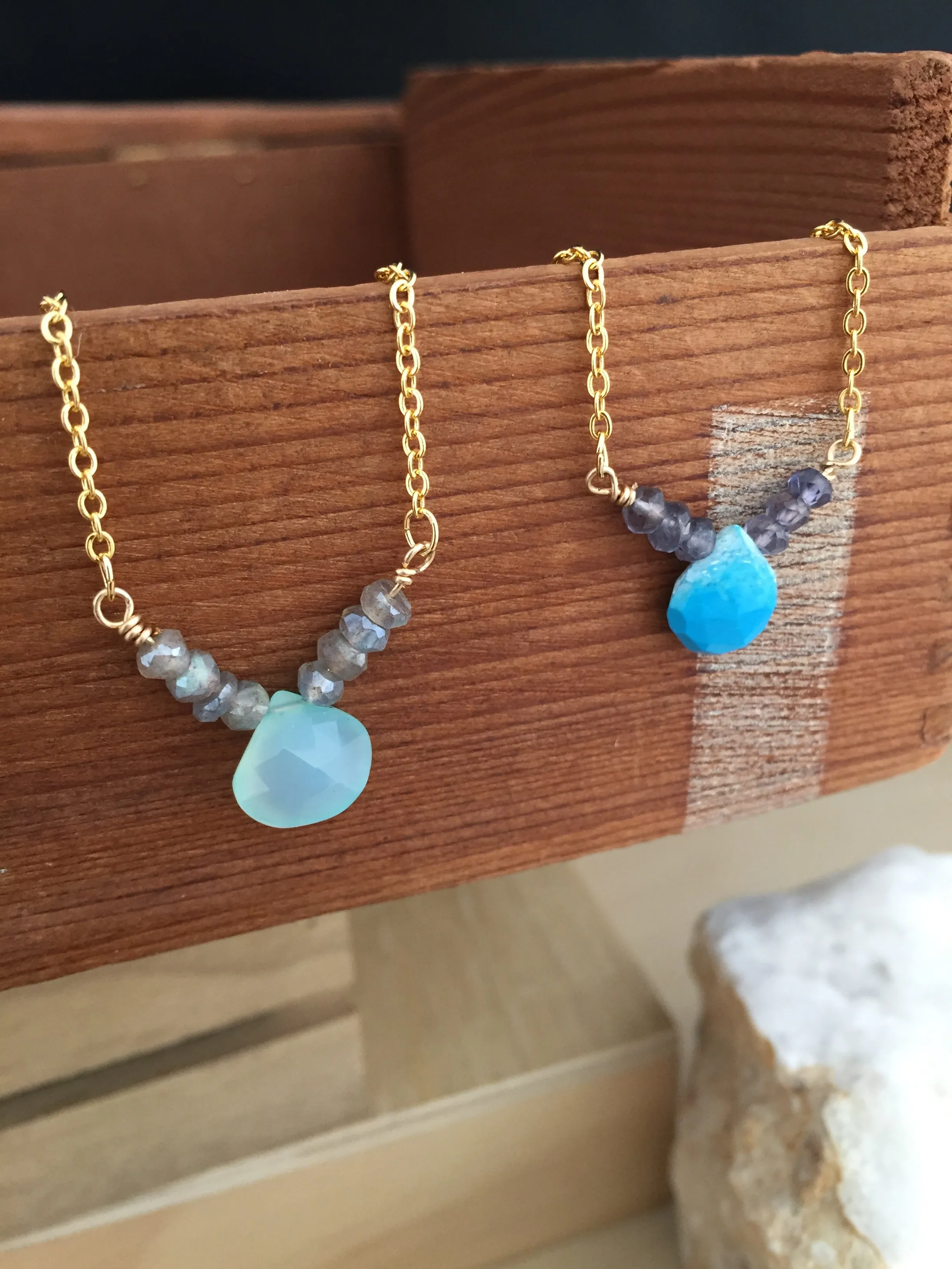 Aqua Chalcedony and Labradorite Gemstone V Necklace - Gold finish
