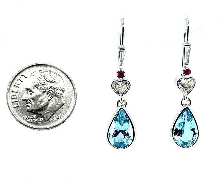 Aquamarine and Heart Shaped Diamond Dangle Earrings with Rubies in White Gold
