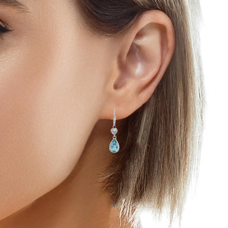 Aquamarine and Heart Shaped Diamond Dangle Earrings with Rubies in White Gold