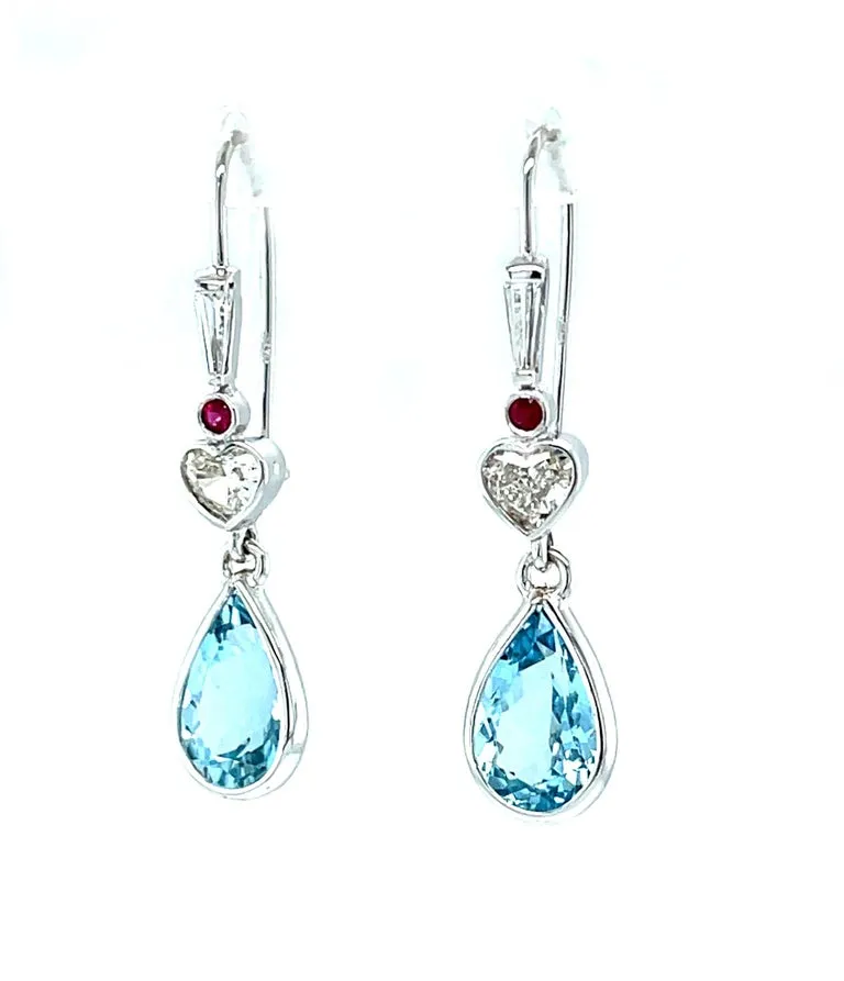 Aquamarine and Heart Shaped Diamond Dangle Earrings with Rubies in White Gold