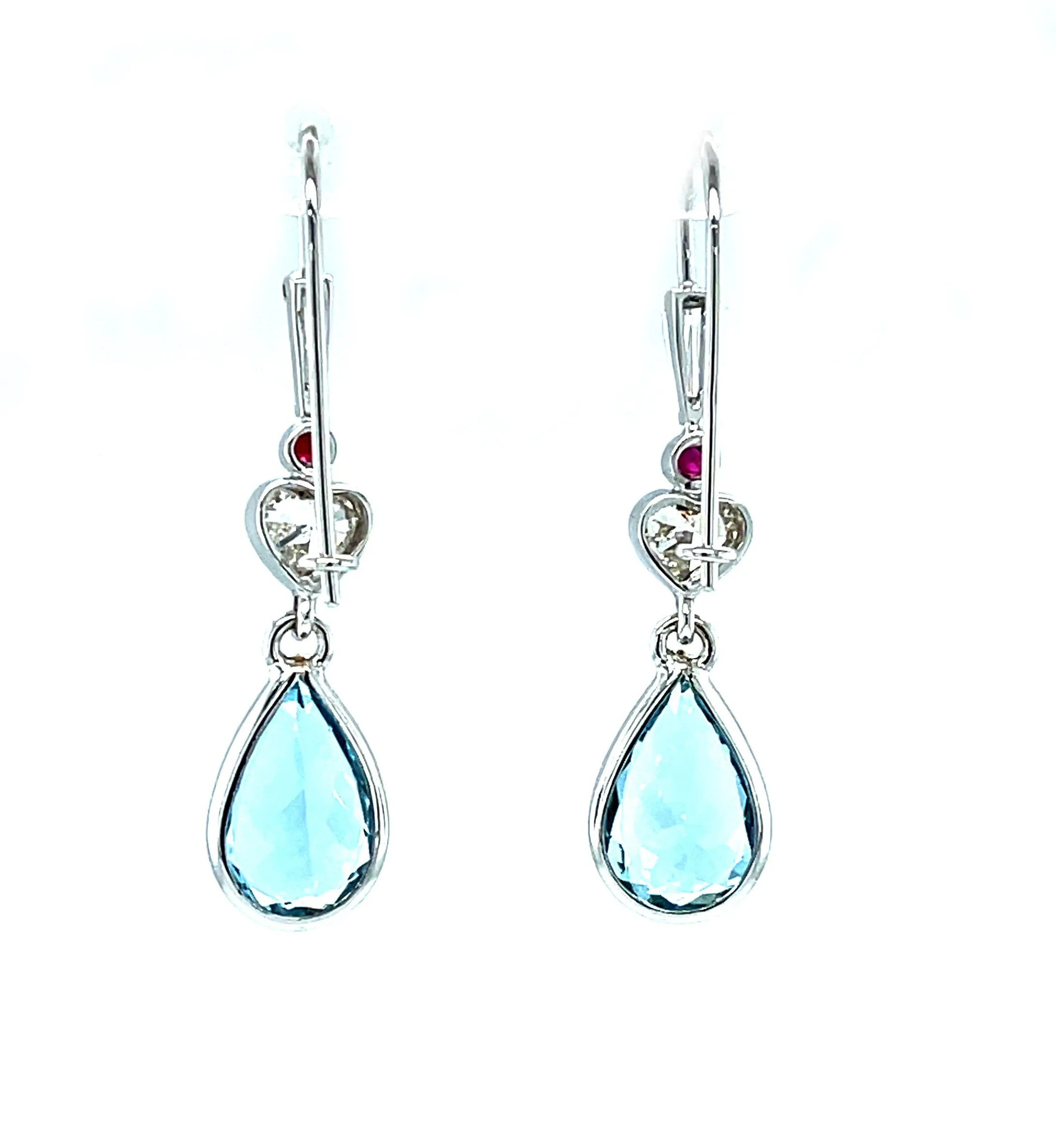 Aquamarine and Heart Shaped Diamond Dangle Earrings with Rubies in White Gold