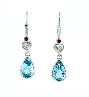 Aquamarine and Heart Shaped Diamond Dangle Earrings with Rubies in White Gold