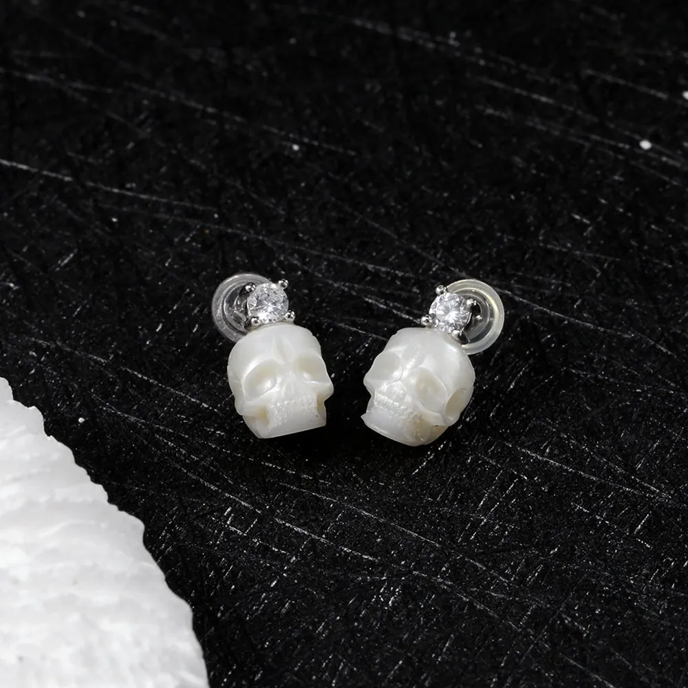 Art Deco Round Cubic Zirconia Pearl Skull CZ Stud Earrings