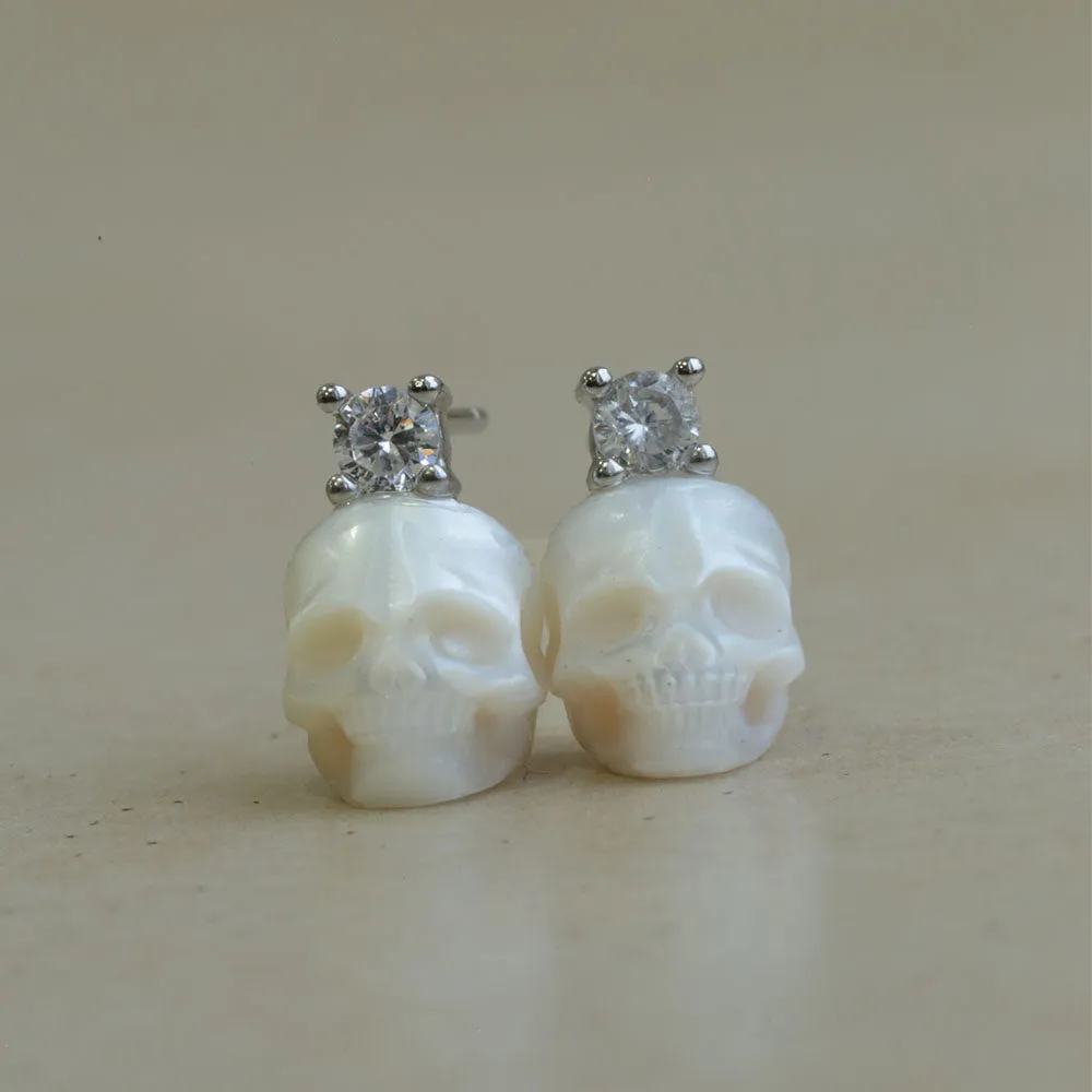 Art Deco Round Cubic Zirconia Pearl Skull CZ Stud Earrings