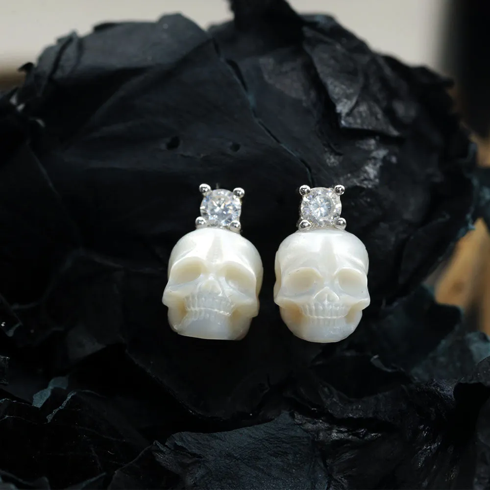 Art Deco Round Cubic Zirconia Pearl Skull CZ Stud Earrings