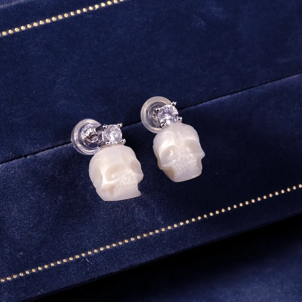 Art Deco Round Cubic Zirconia Pearl Skull CZ Stud Earrings