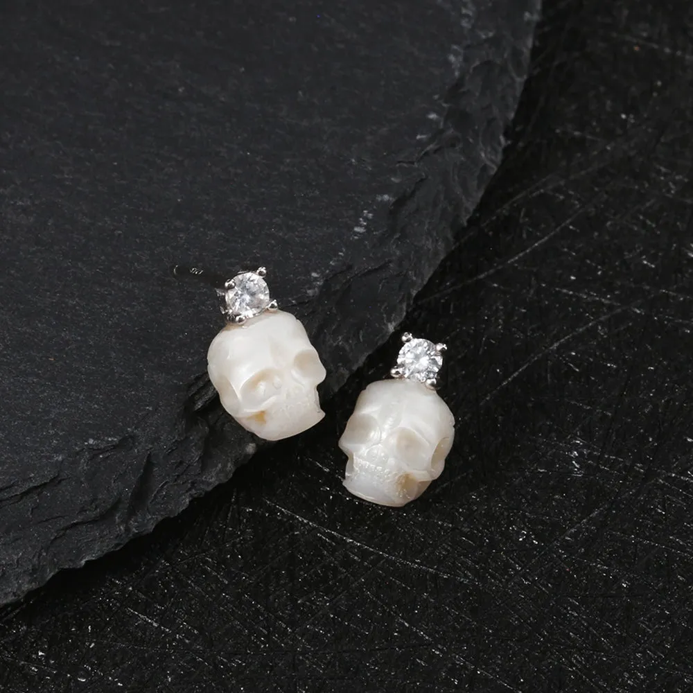 Art Deco Round Cubic Zirconia Pearl Skull CZ Stud Earrings