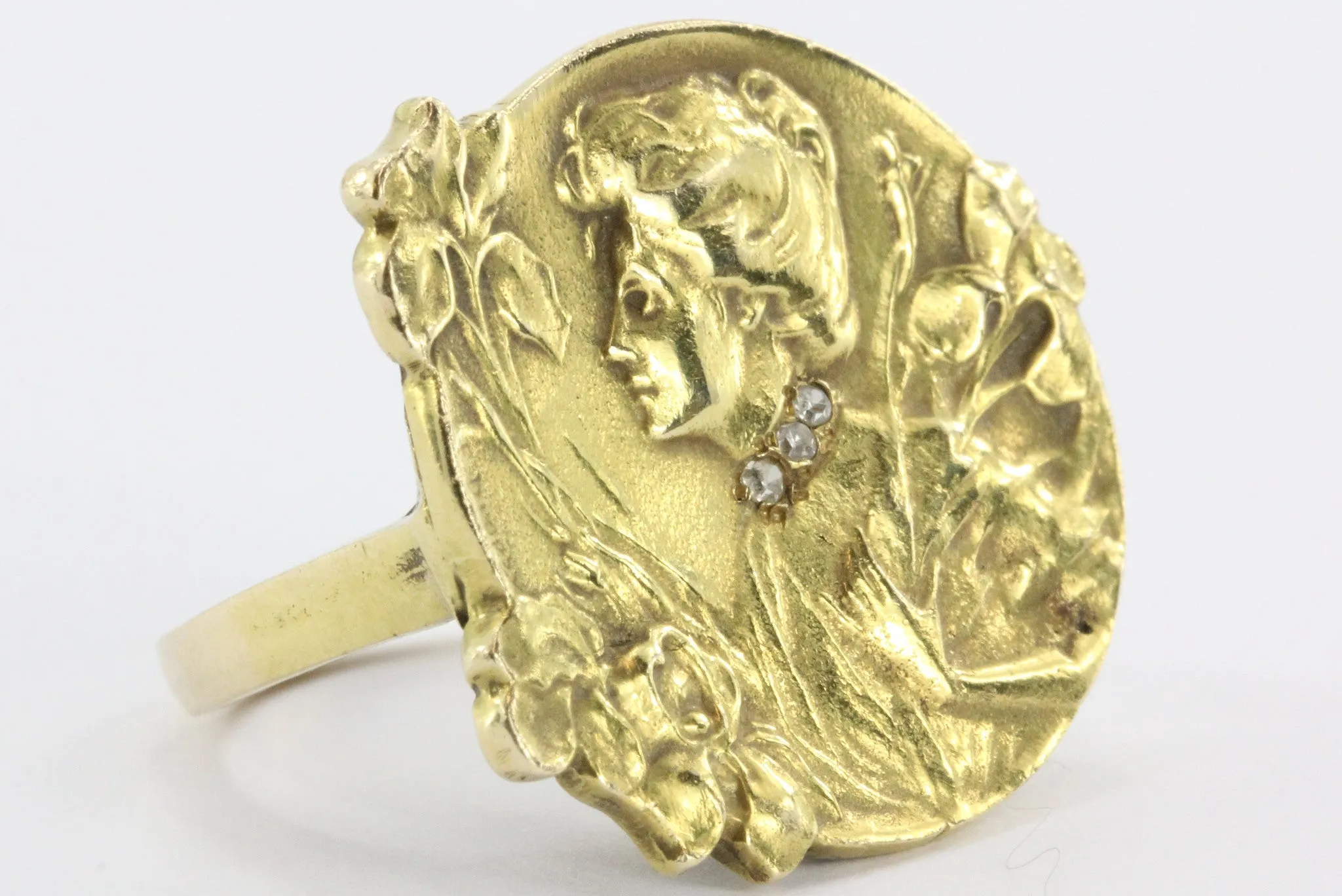 Art Nouveau 14K Gold & Diamond Gibson Girl w/ Iris Ring