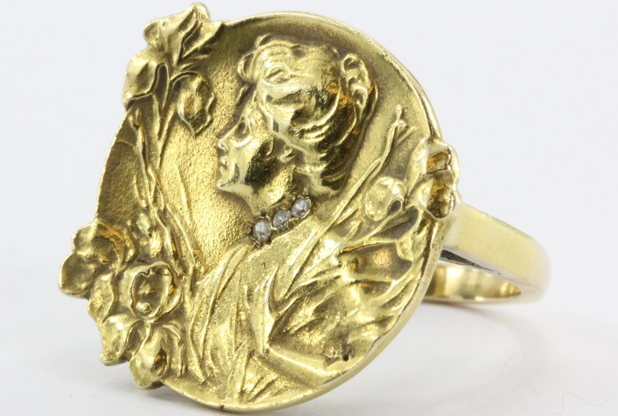 Art Nouveau 14K Gold & Diamond Gibson Girl w/ Iris Ring