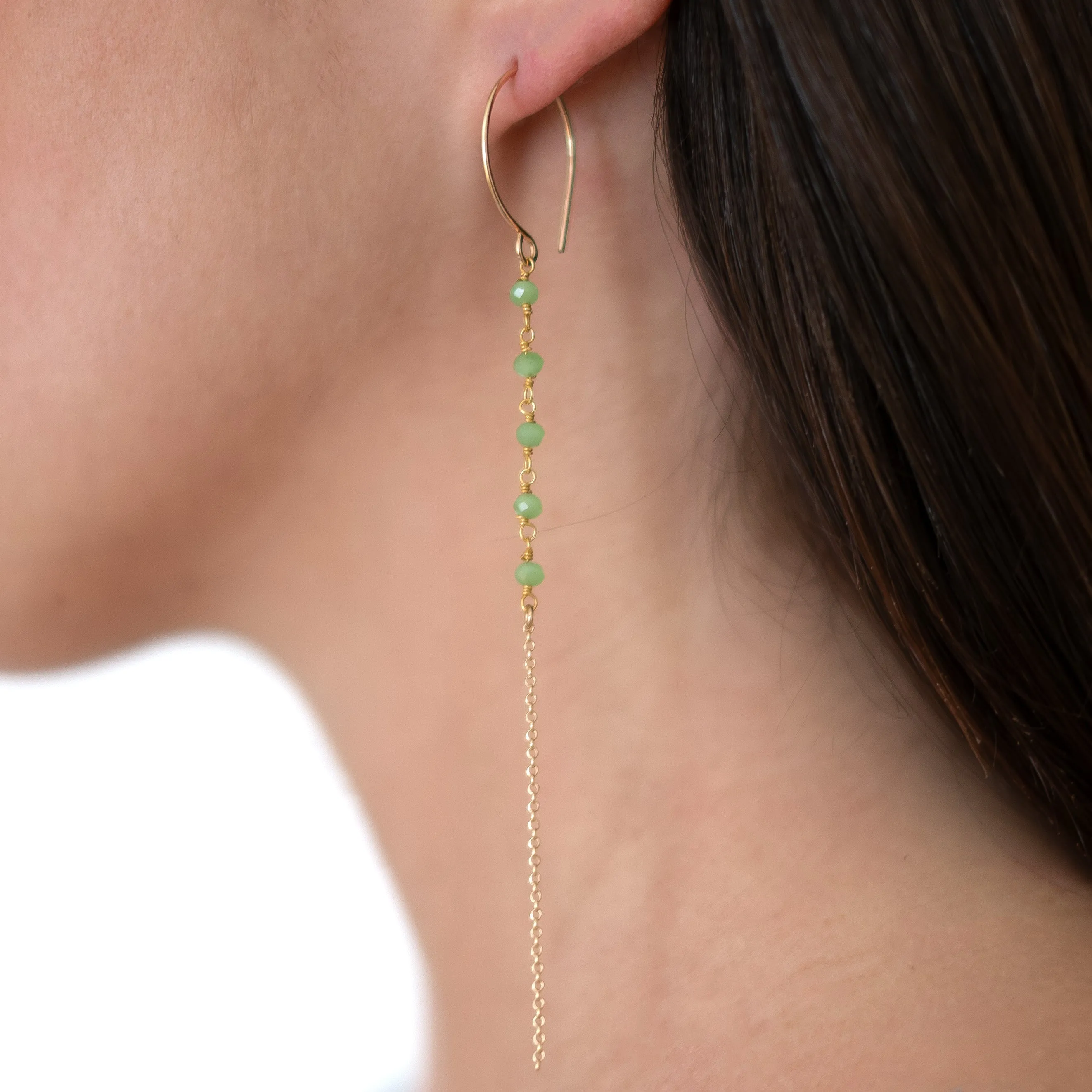 Bead and Chain Drop Earrings-Green