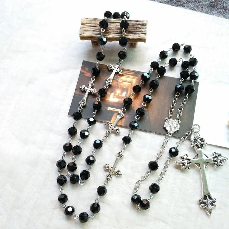Black Crystal Long Pendant Rosary Necklace